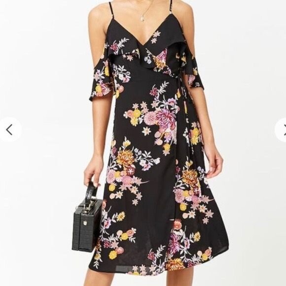 Women's Forever 21 Black Floral Wrap Midi Dress, size large - Picture 1 of 15